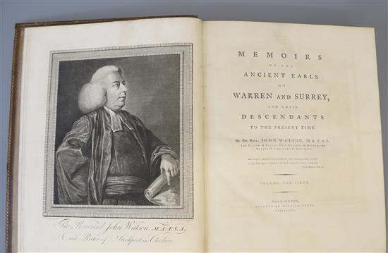 Watson, John - Memoirs of the Ancient Earls of Warren and Surrey, 1st edition, 2 vols, qto, diced calf, with engraved portrait, a foldi